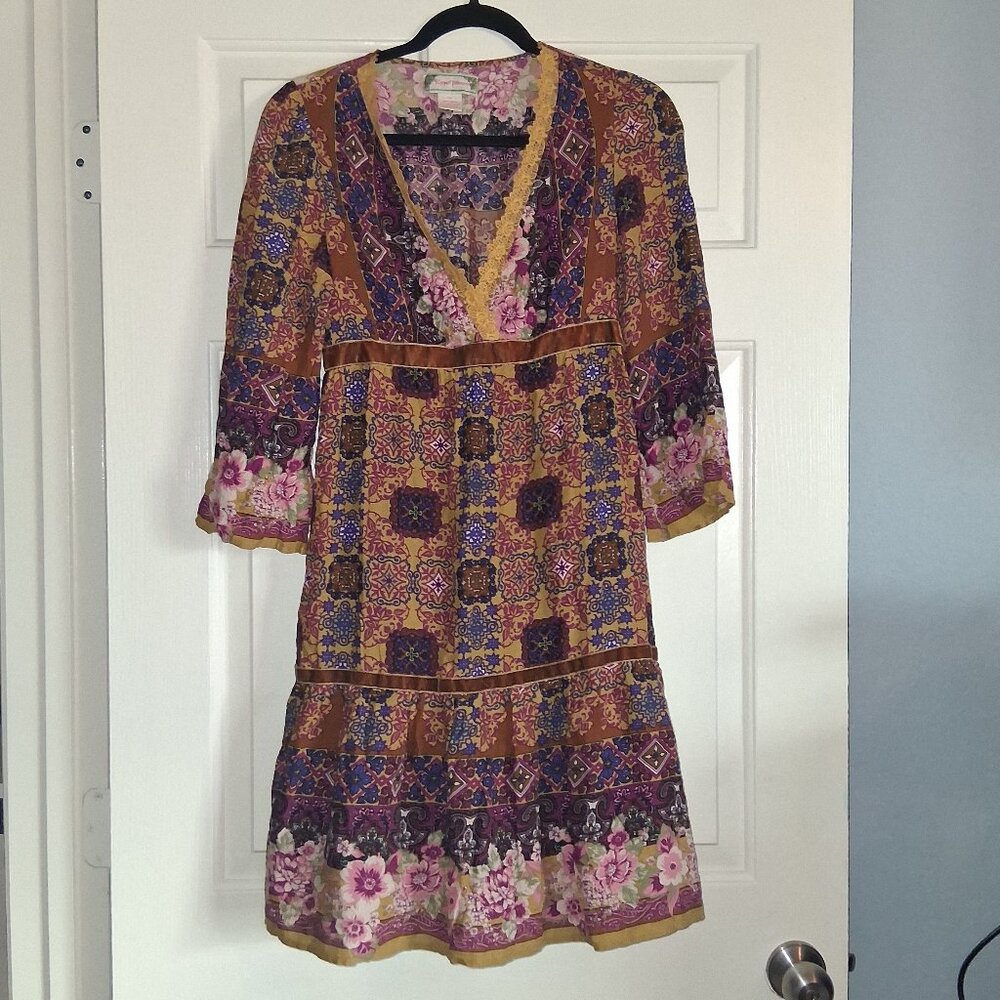 Flying Tomato 3/4 Sleeve dress Velvet Trim Bohemian Floral Print